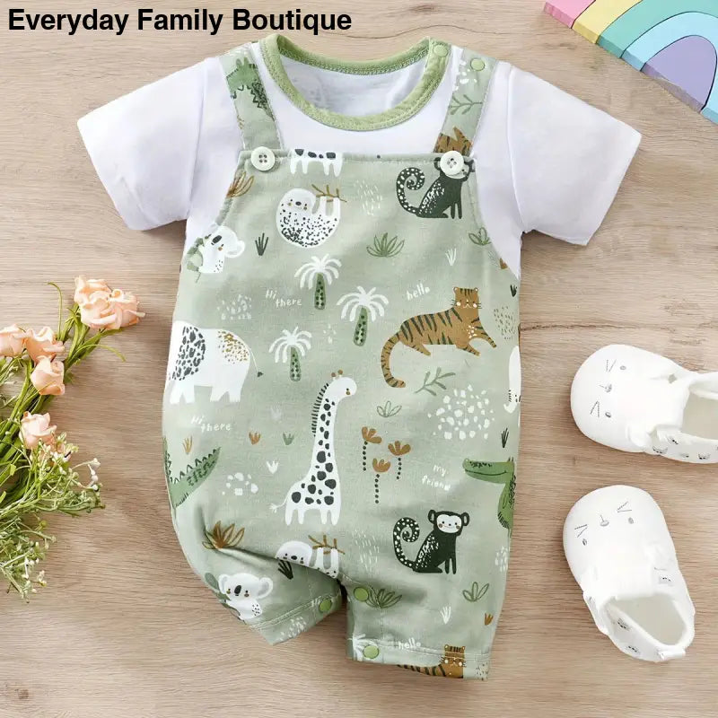 Baby overalls and t-shirt set featuring a safari animal print pattern in sage green.