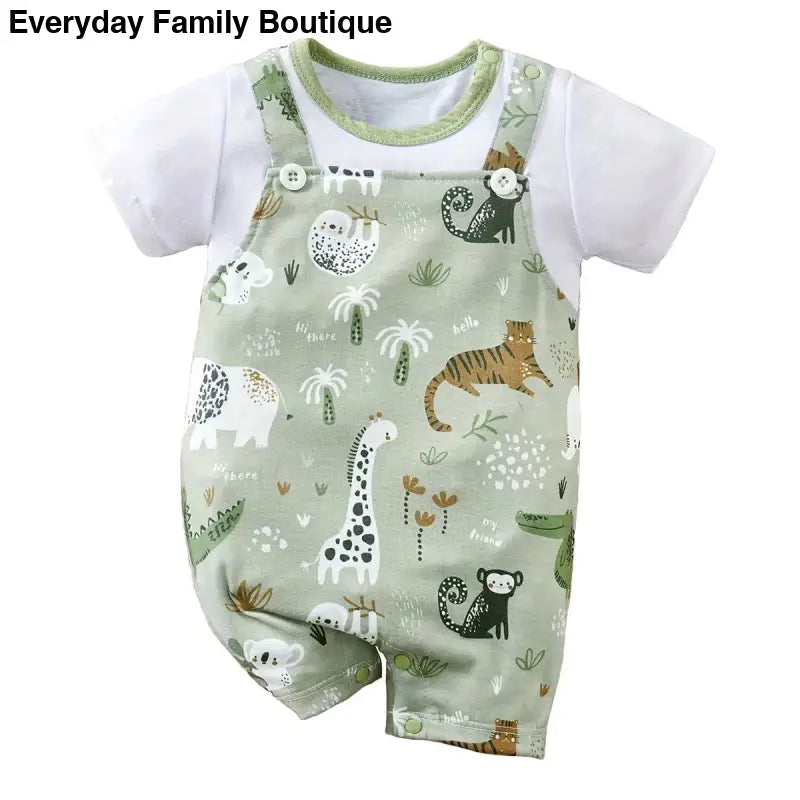 Baby overalls and t-shirt set featuring a safari animal print pattern in sage green.