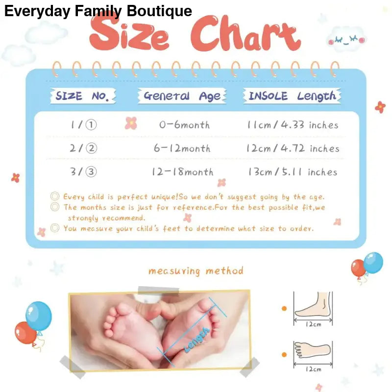 Size chart for baby footwear showing age ranges and insole measurements.