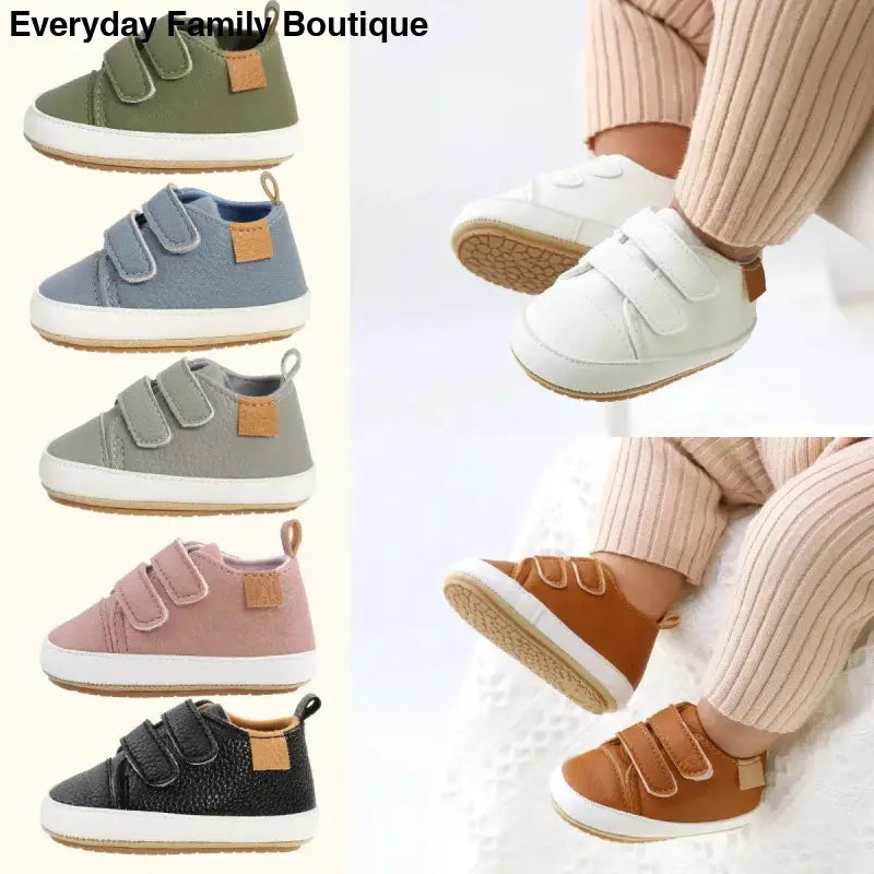 Casual velcro-strap baby sneakers in various earthy colors.