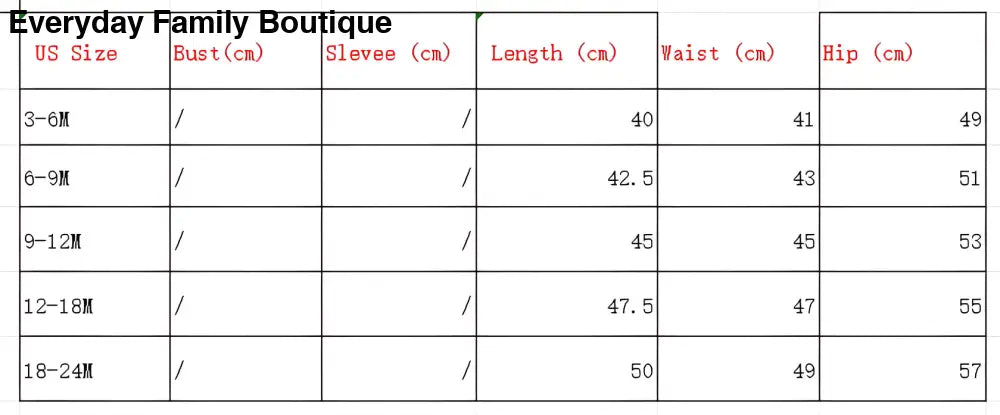 Size chart showing measurements for clothing dimensions including length, waist, and hip specifications.