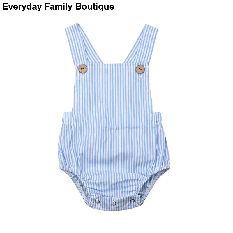 Light blue and white striped baby romper with button straps.