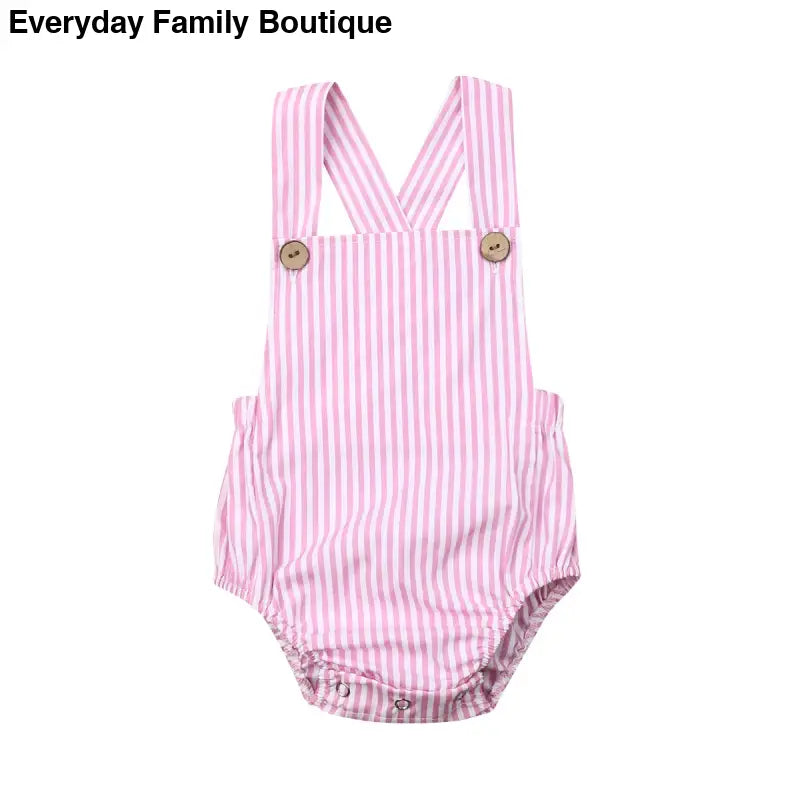 Pink and white striped baby romper with button straps.