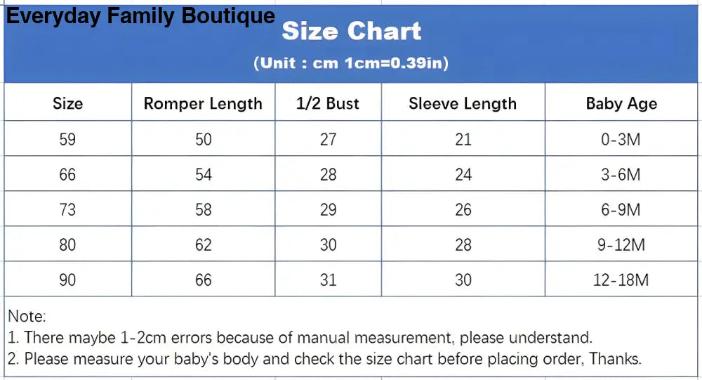 Size chart showing measurements for baby rompers in centimeters across different age ranges.