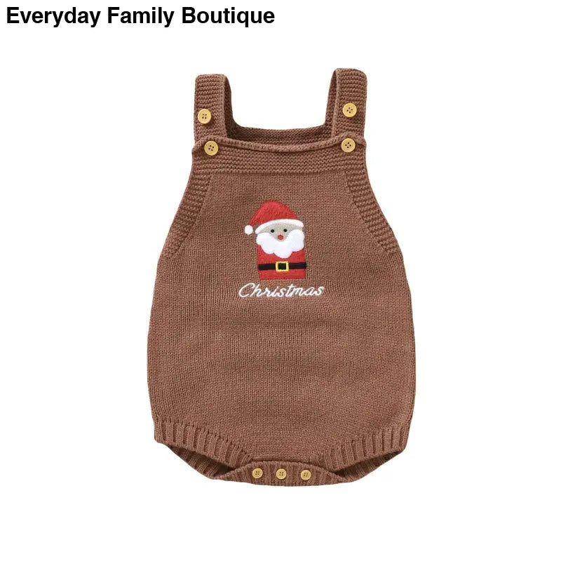 Brown knitted baby romper with Santa Claus embroidery and shoulder straps.