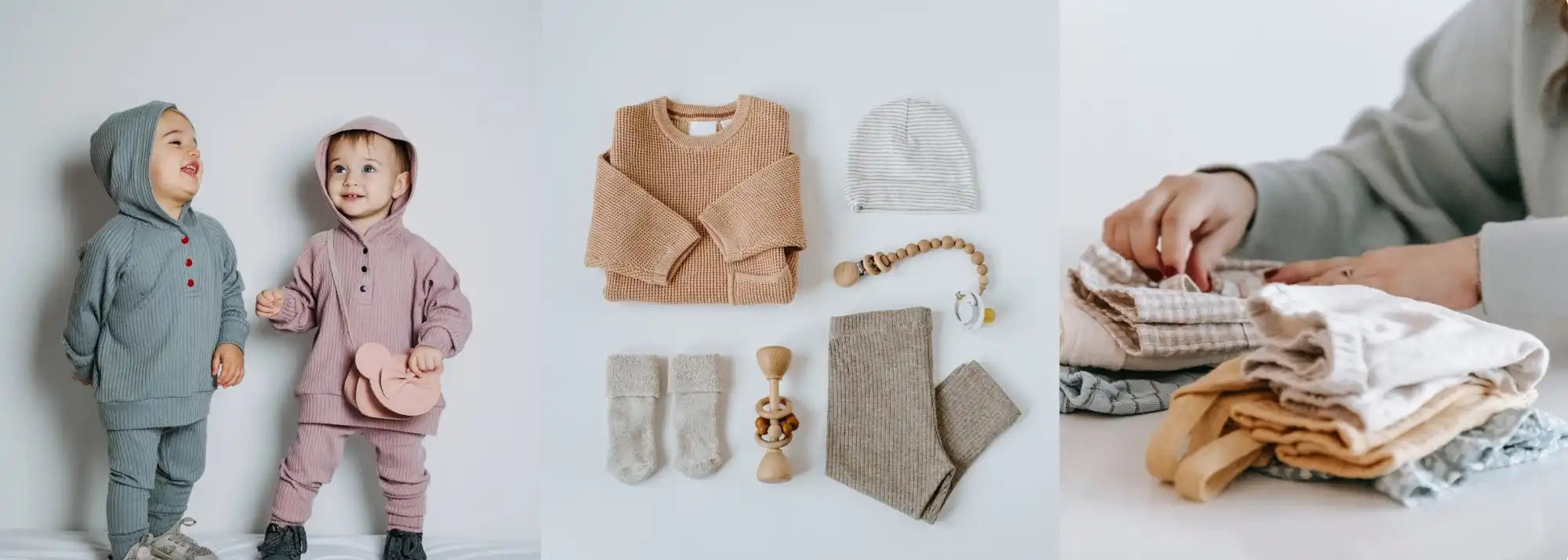 Collage of children’s clothing and accessories in neutral earth tones.