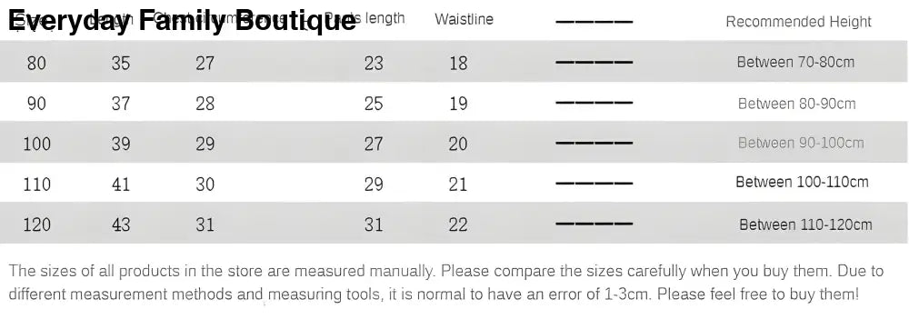 Size chart showing measurements for clothing items with length, chest, waist and other dimensions.