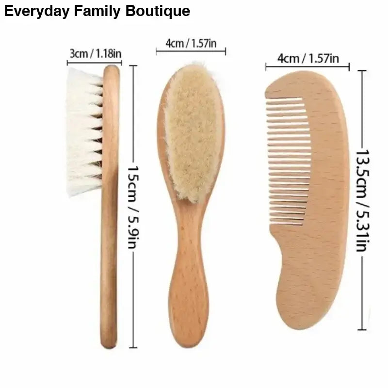 Three wooden grooming brushes and combs arranged side by side.