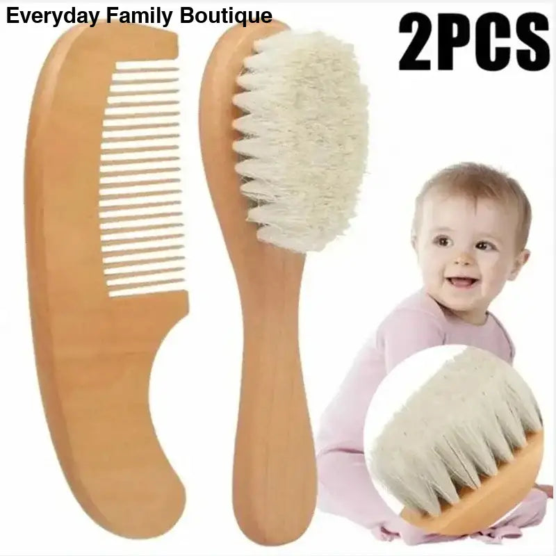 Baby grooming set consisting of a wooden comb and soft-bristled brush.