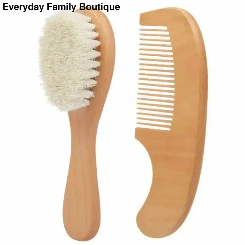 Baby hairbrush and comb set in peach/tan color.