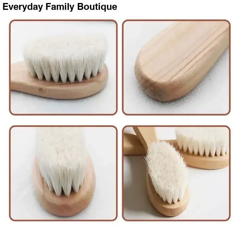 Wooden brush with white bristles shown from multiple angles.