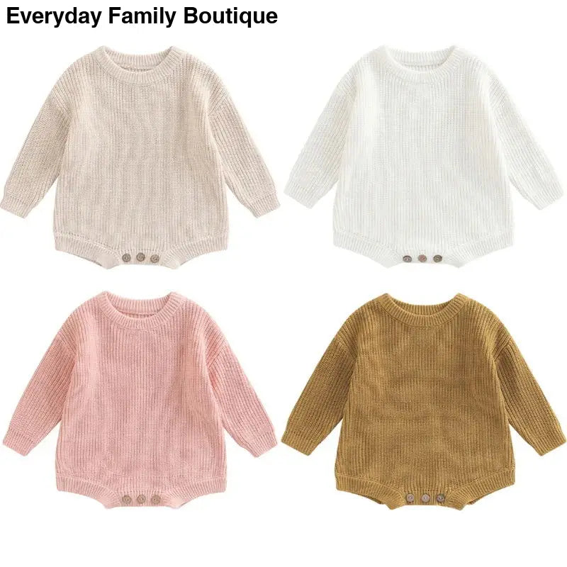 Four knitted baby rompers in beige, white, pink, and mustard colors.