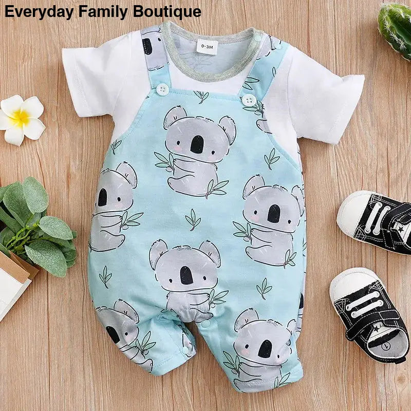 Baby overalls with a koala print pattern paired with a white t-shirt.