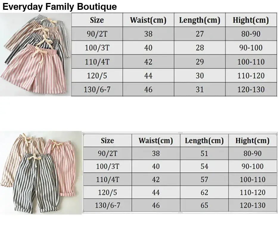 Size chart showing measurements for children’s pleated skirts in different lengths and styles.