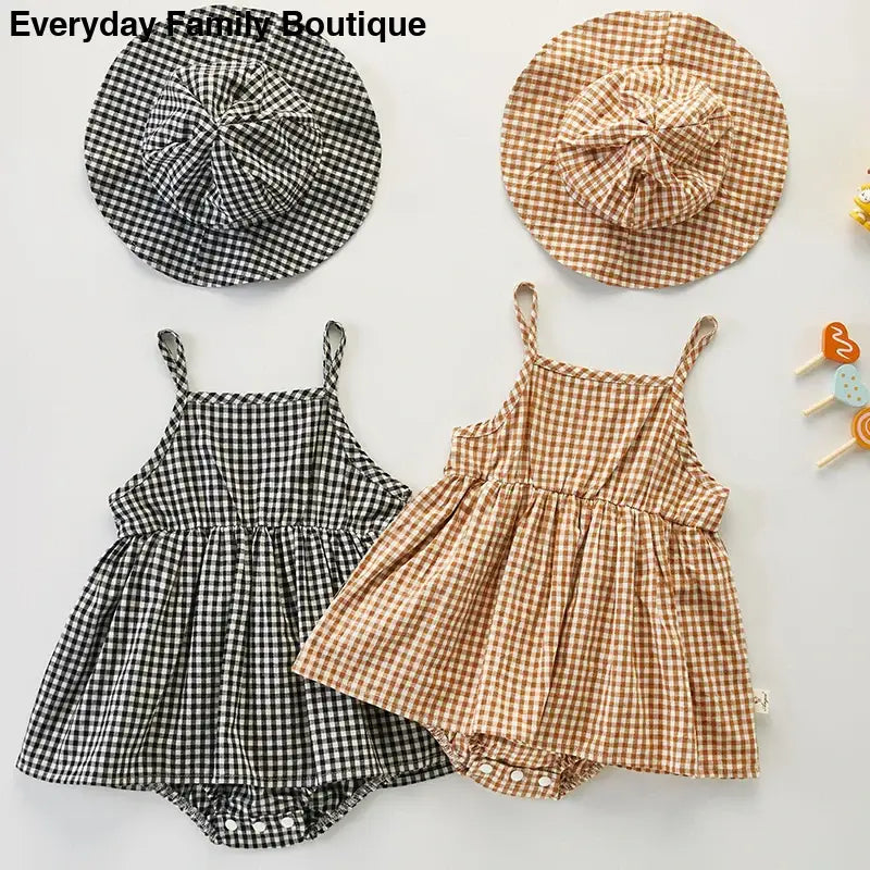 Gingham print baby dresses with matching hats and bloomers in black and beige colors.