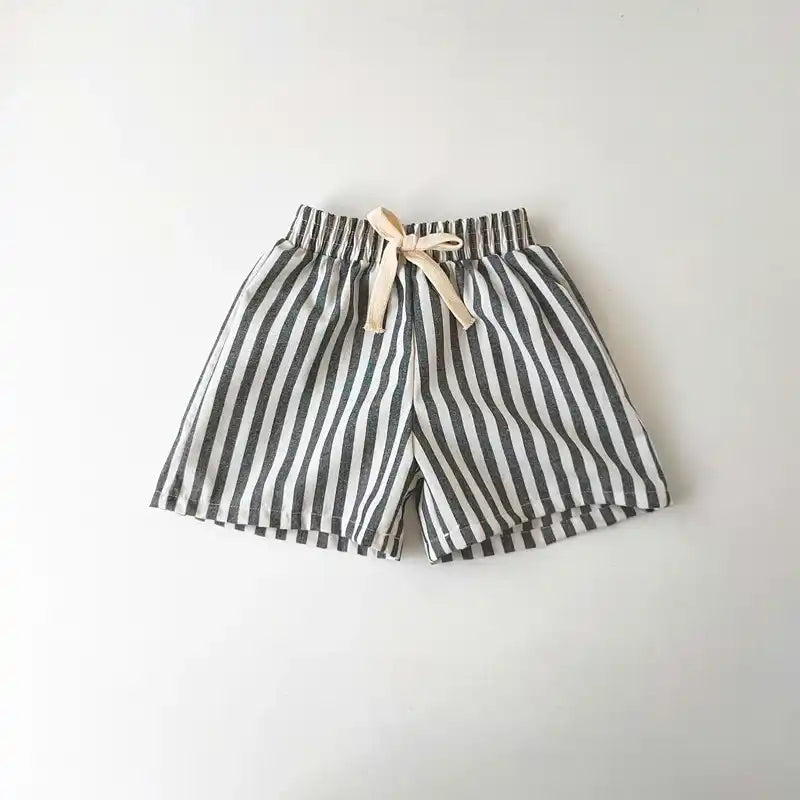 Striped grey and white shorts with a drawstring waist.