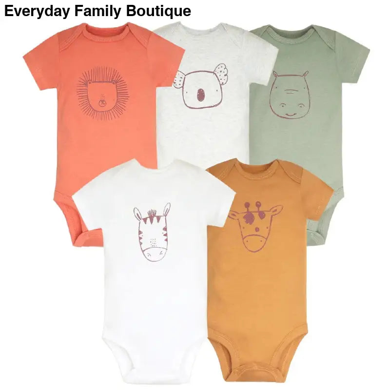 Five baby onesies with cute animal face designs in coral, white, sage green, and mustard yellow colors.