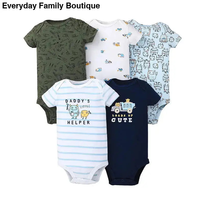 Five baby onesies with different animal and pattern designs in olive green, white, light blue, striped, and navy colors.