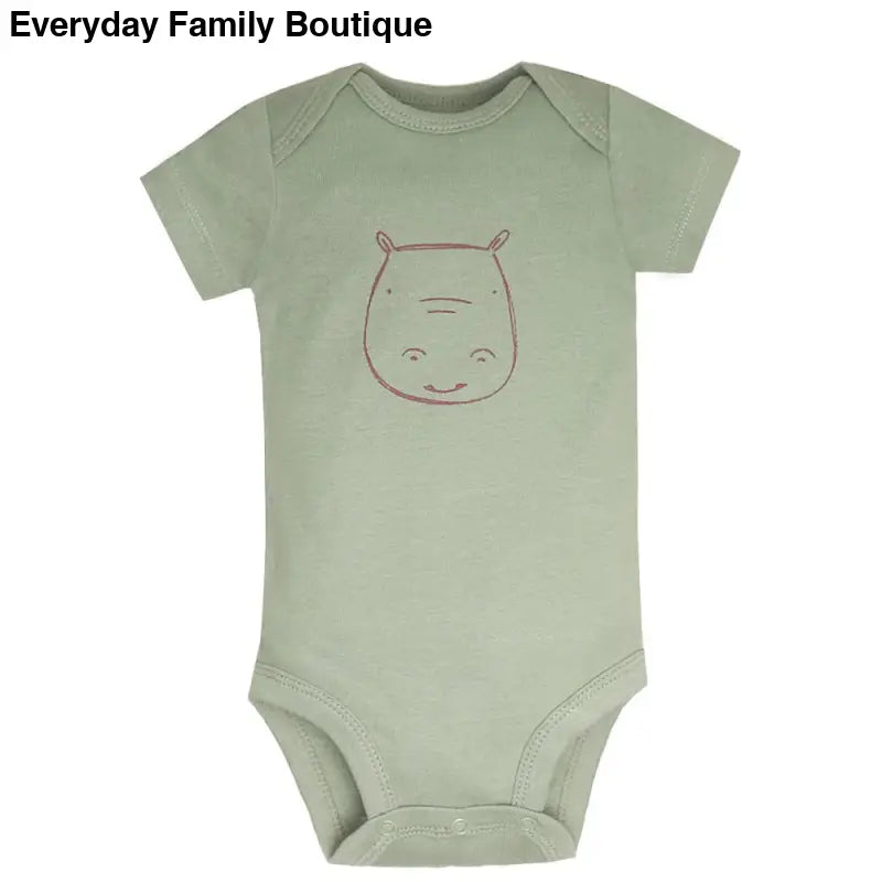 Mint green baby onesie with a simple smiling hippo face design.