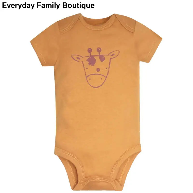 Orange baby onesie with a purple giraffe face design.