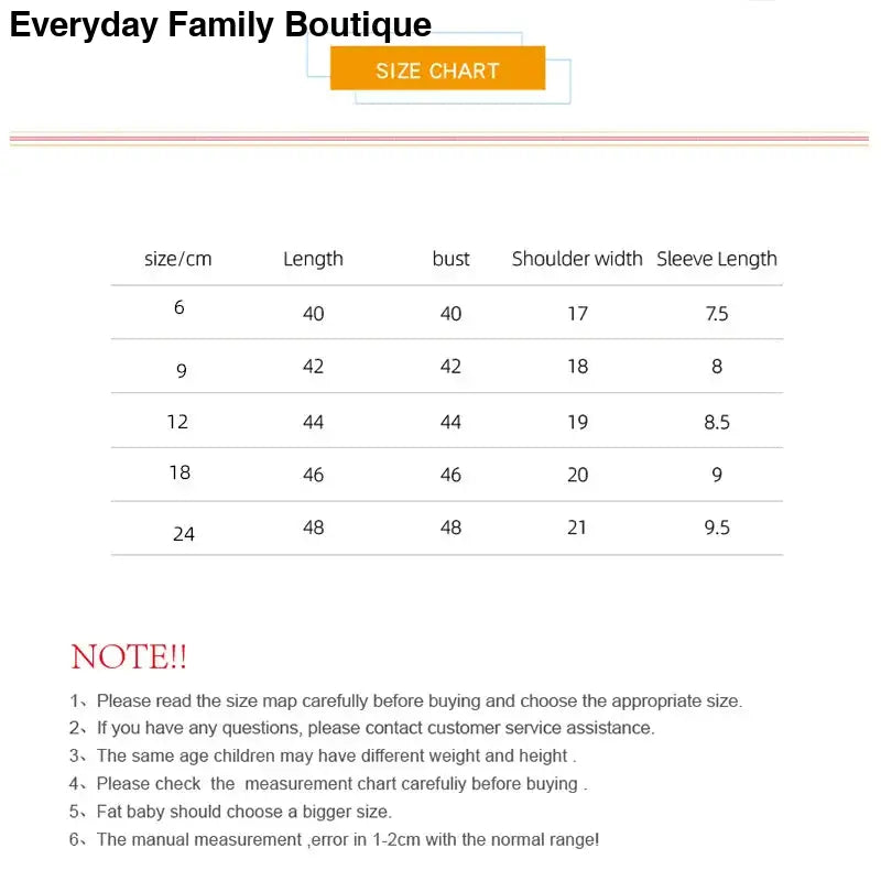 Size chart showing measurements for children’s clothing in centimeters.