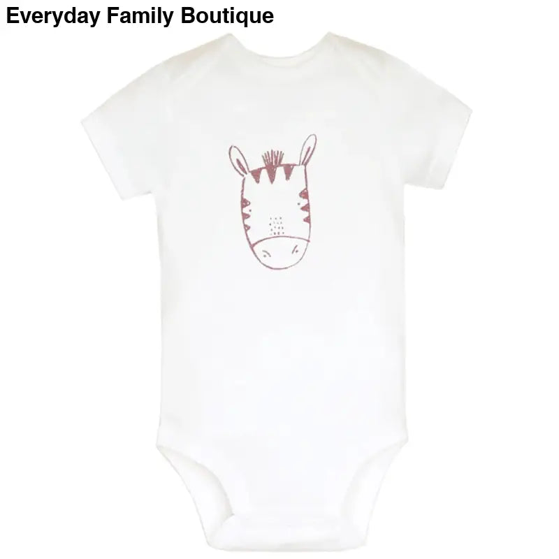 White baby onesie with a simple pink zebra face design.