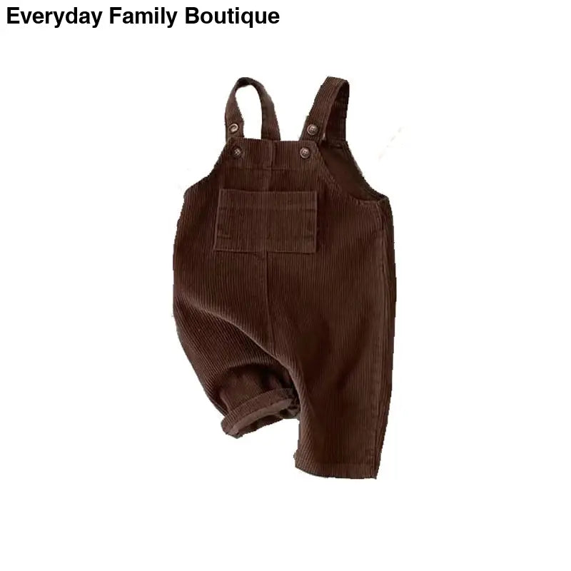 Brown corduroy overalls with shoulder straps and a front pocket.