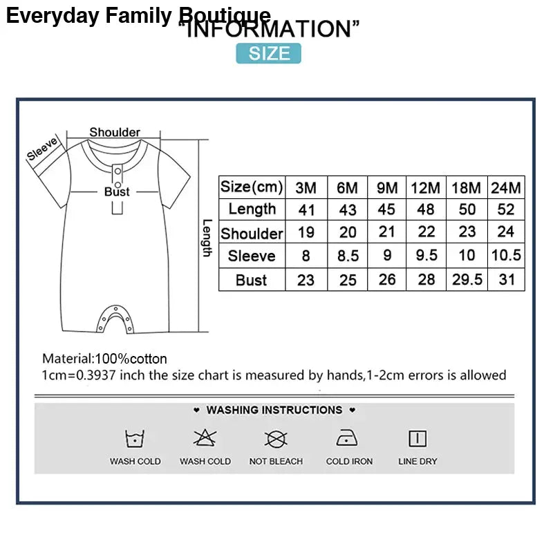 Size chart diagram for a baby romper with measurement specifications and care instructions.