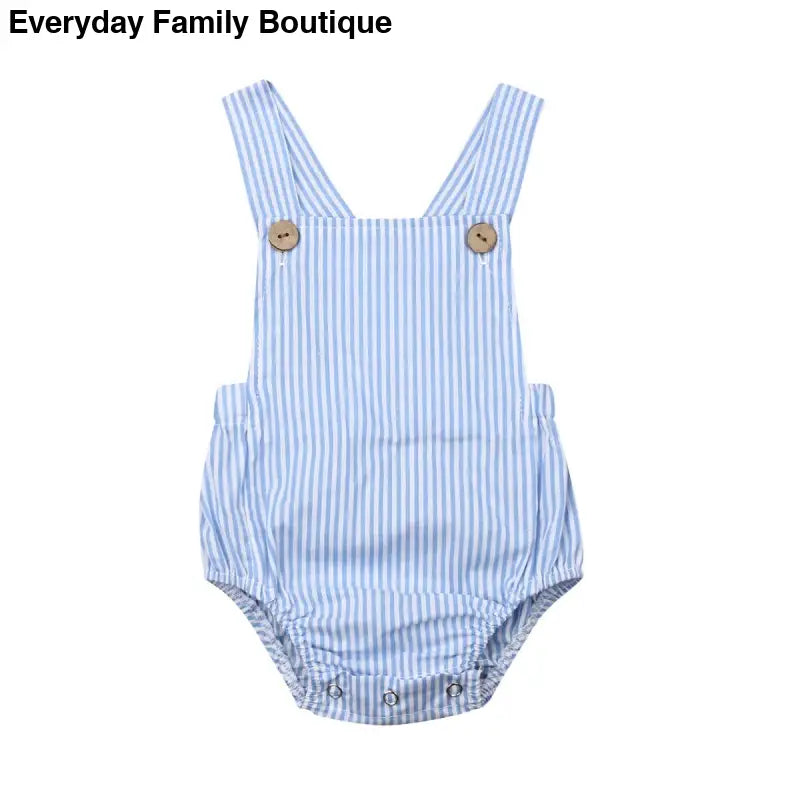 Light blue and white striped baby romper with button straps.