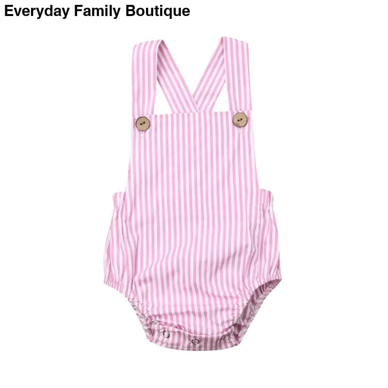 Pink and white striped baby romper with button straps.